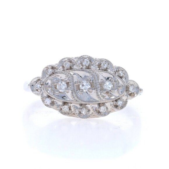 White Gold Diamond Vintage Cluster Ring - 14k Single .12ctw Milgrain